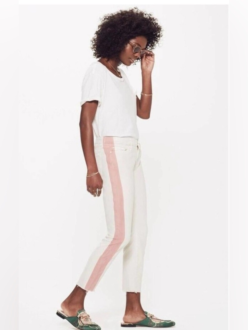 MOTHER Ivory Pink Stripe Ankle Fray Jeans Size 26 Cropped Skinny Denim